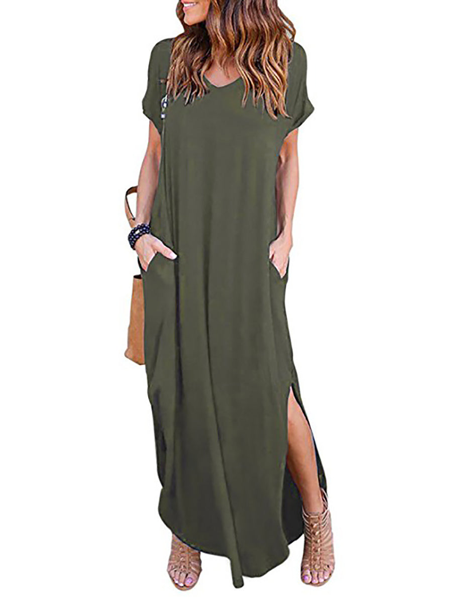Lunimesd V-Neck Pocket Split Dress(8 colors)