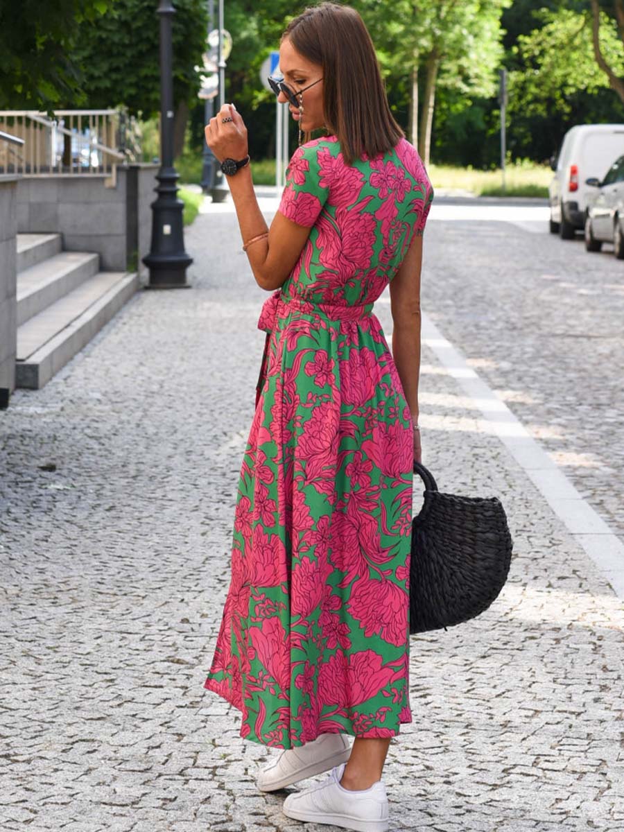 V-Neck Printed Iace Up Dress