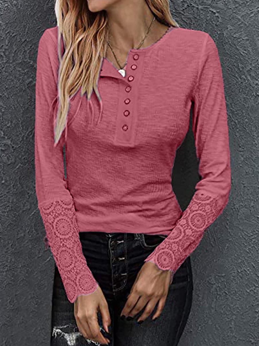 Lunimesd Round Neck Stitching Lace Long Sleeve T-Shirt(14 colors)