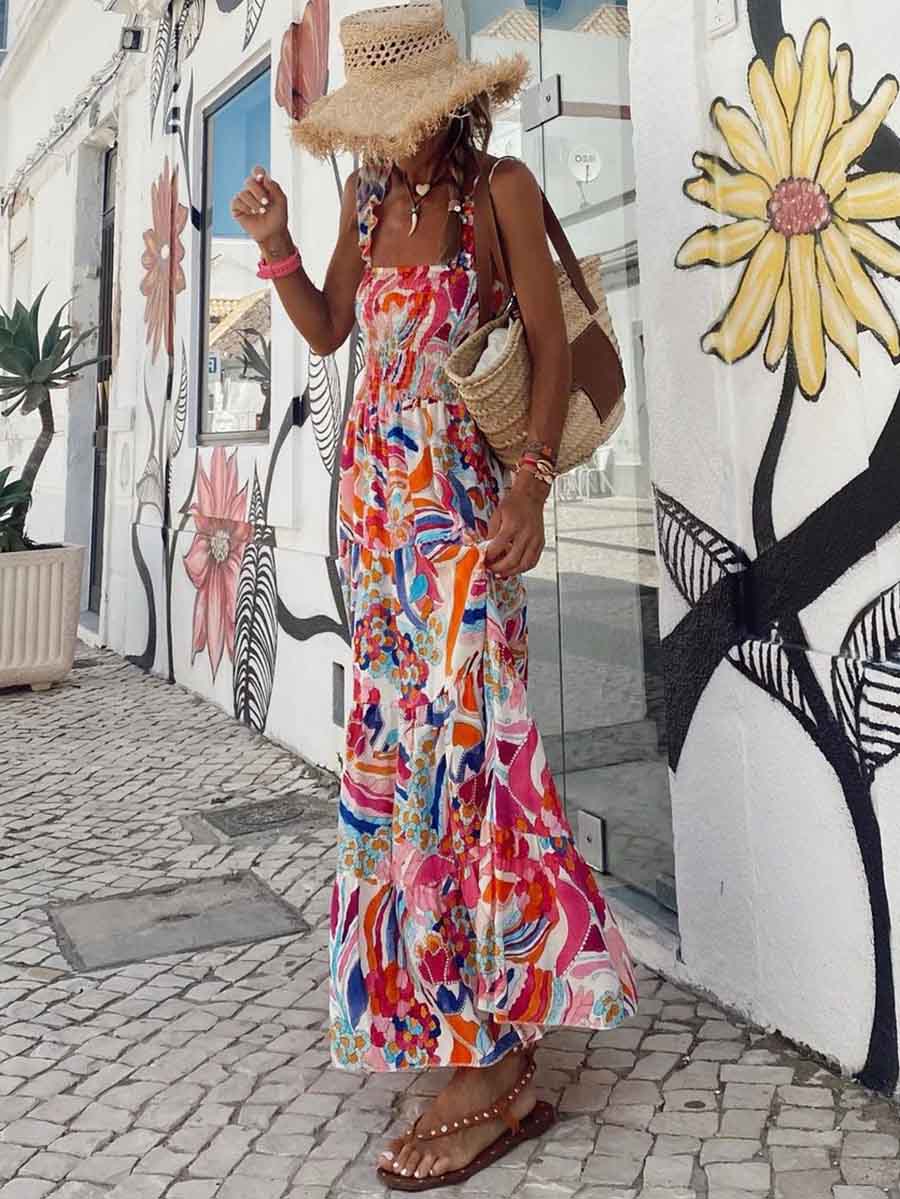 Lunimesd Printed Halter Beach Resort Dress(3 Colors)