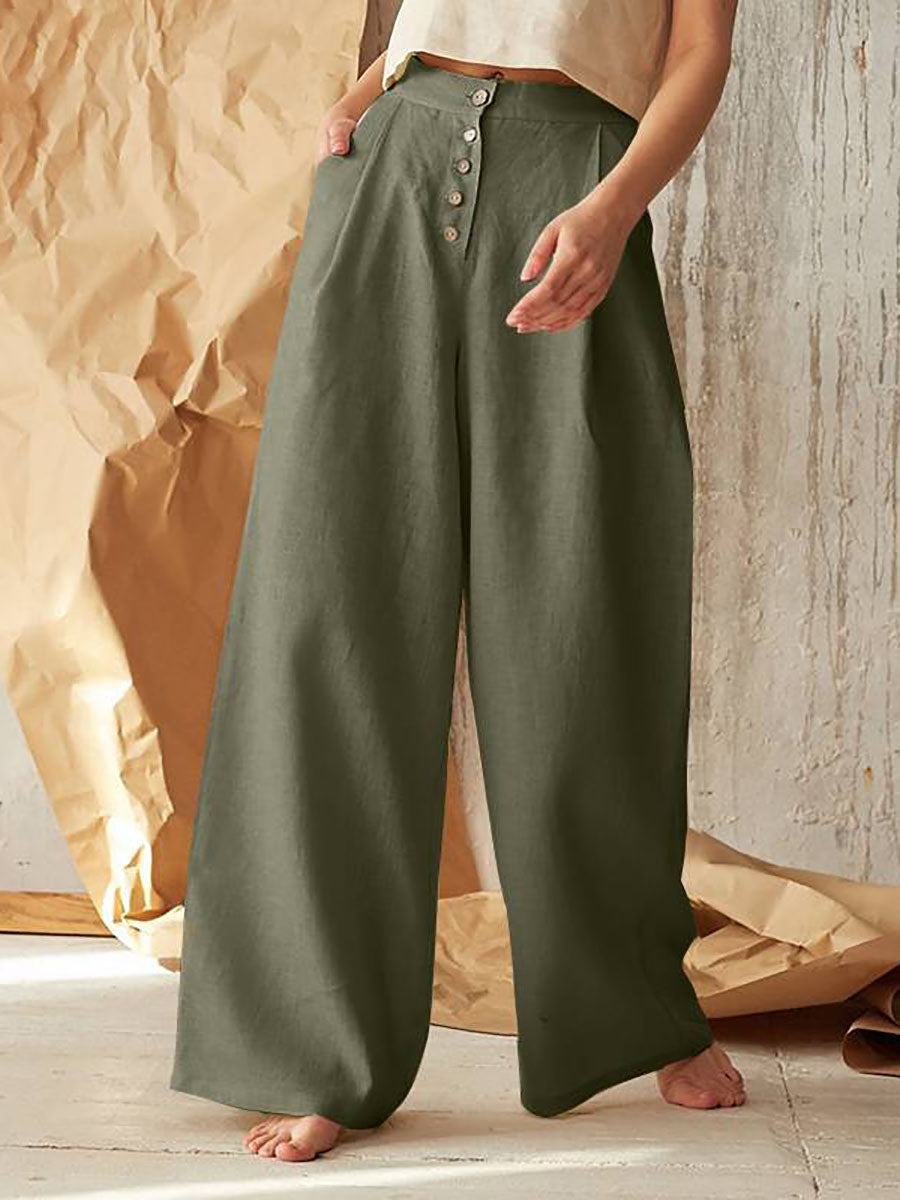 Lunimesd Solid Color High Waist Casual Button Wide Leg Pants