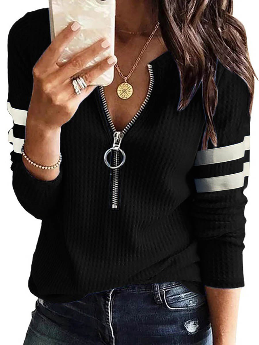 Lunimesd V-Neck Zipper Splicing Long Sleeve T-shirt(6 colors)