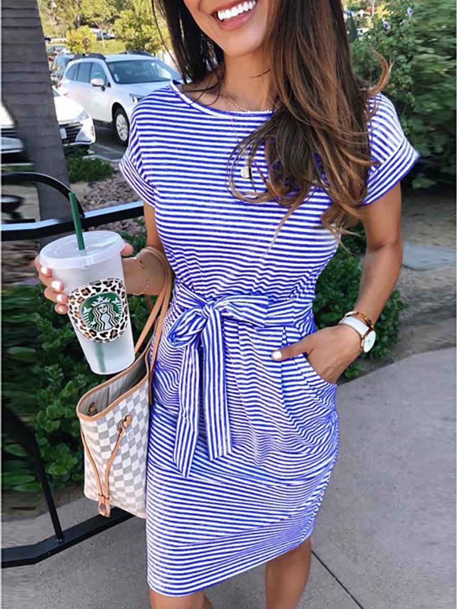Lunimesd Short Sleeve Pinstripe Round Neck Casual Wear Dress