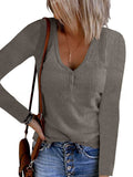 Lunimesd Solid Color V-Neck Long-Sleeved T-Shirt