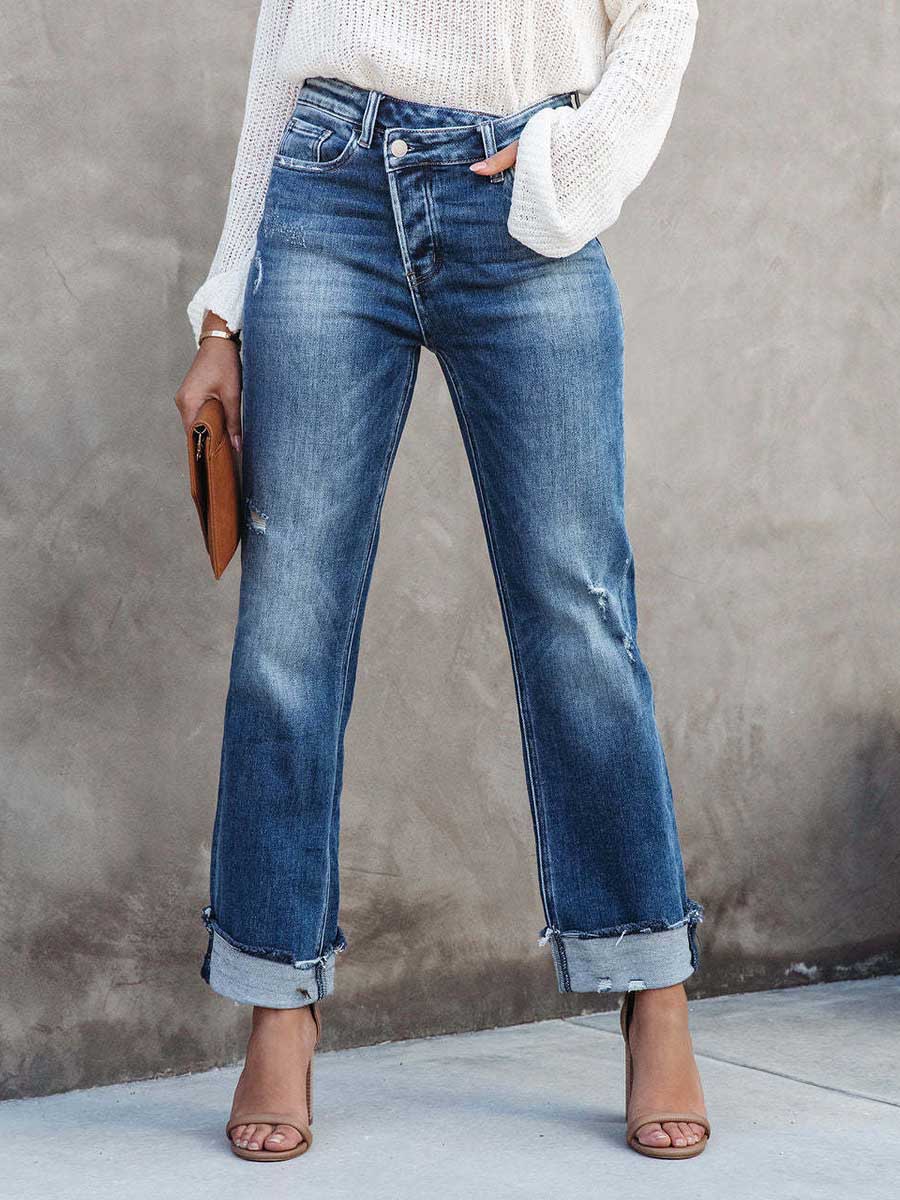 Lunimesd Casual Street Solid Make Old Asymmetrical Straight Denim Jeans