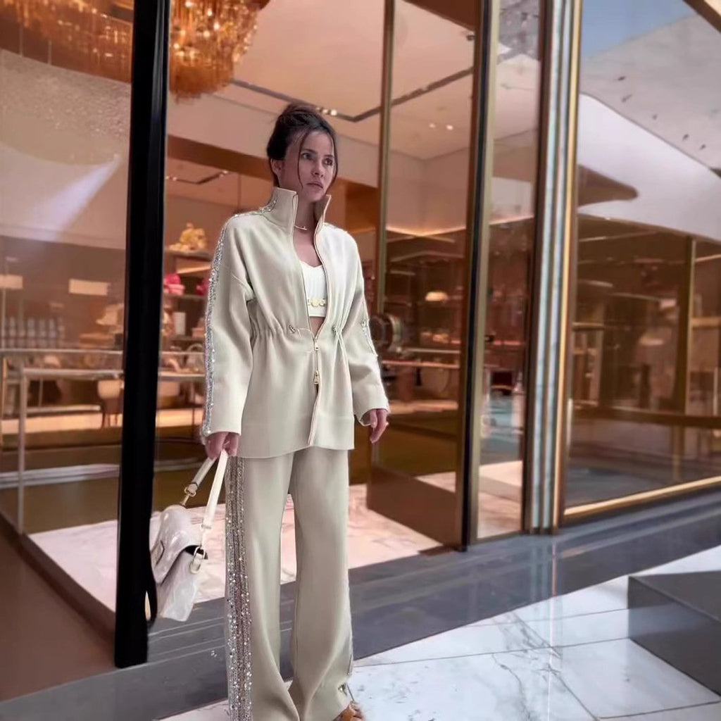 Elegant Sequin-Trimmed Top and Wide-Leg Pants 2-Piece Set