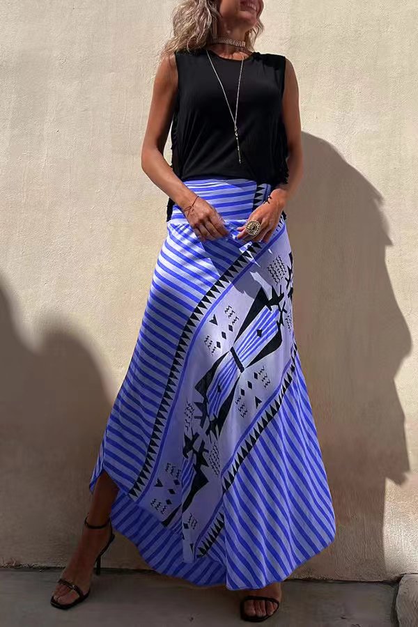 Lunimesd Eva Satin Geometric Print Elastic Waist Maxi Skirt