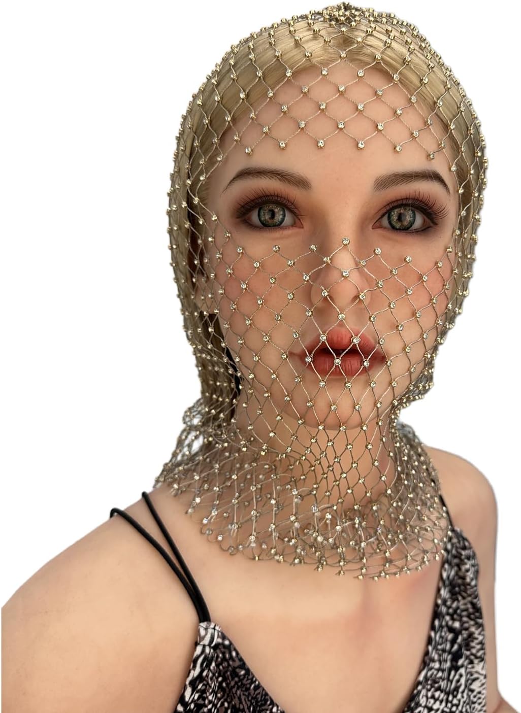 Sparkly Rhinestone Fishnet Full Face Mask for Women 65
