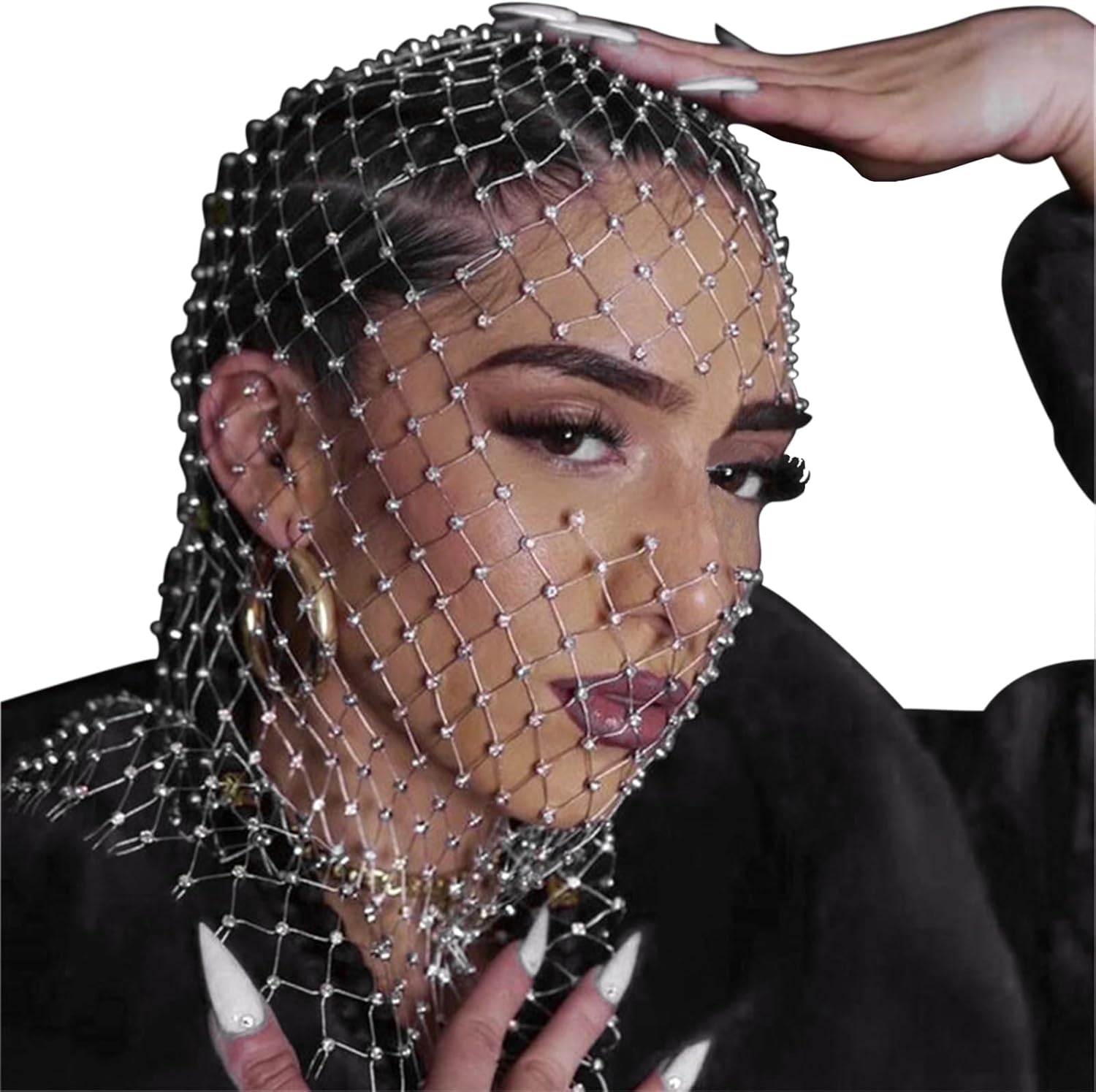 Sparkly Rhinestone Fishnet Full Face Mask for Women 65