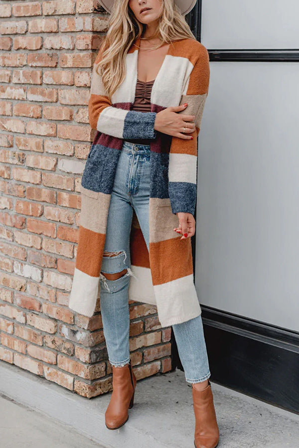 Lunimesd Multicolor Knitted Color Block Open Front Long Cardigan