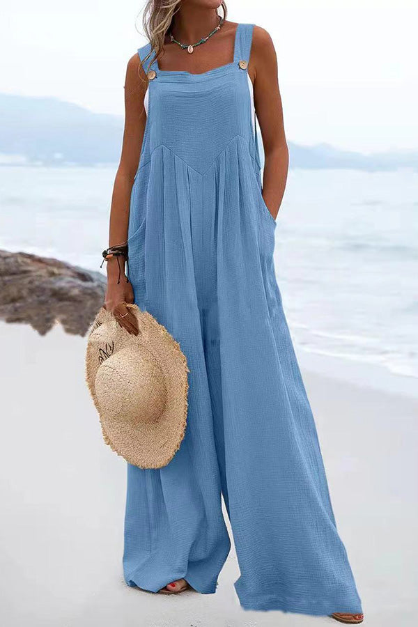 Lunimesd Ethnic Button Suspender Wide Leg Line Jumpsuit
