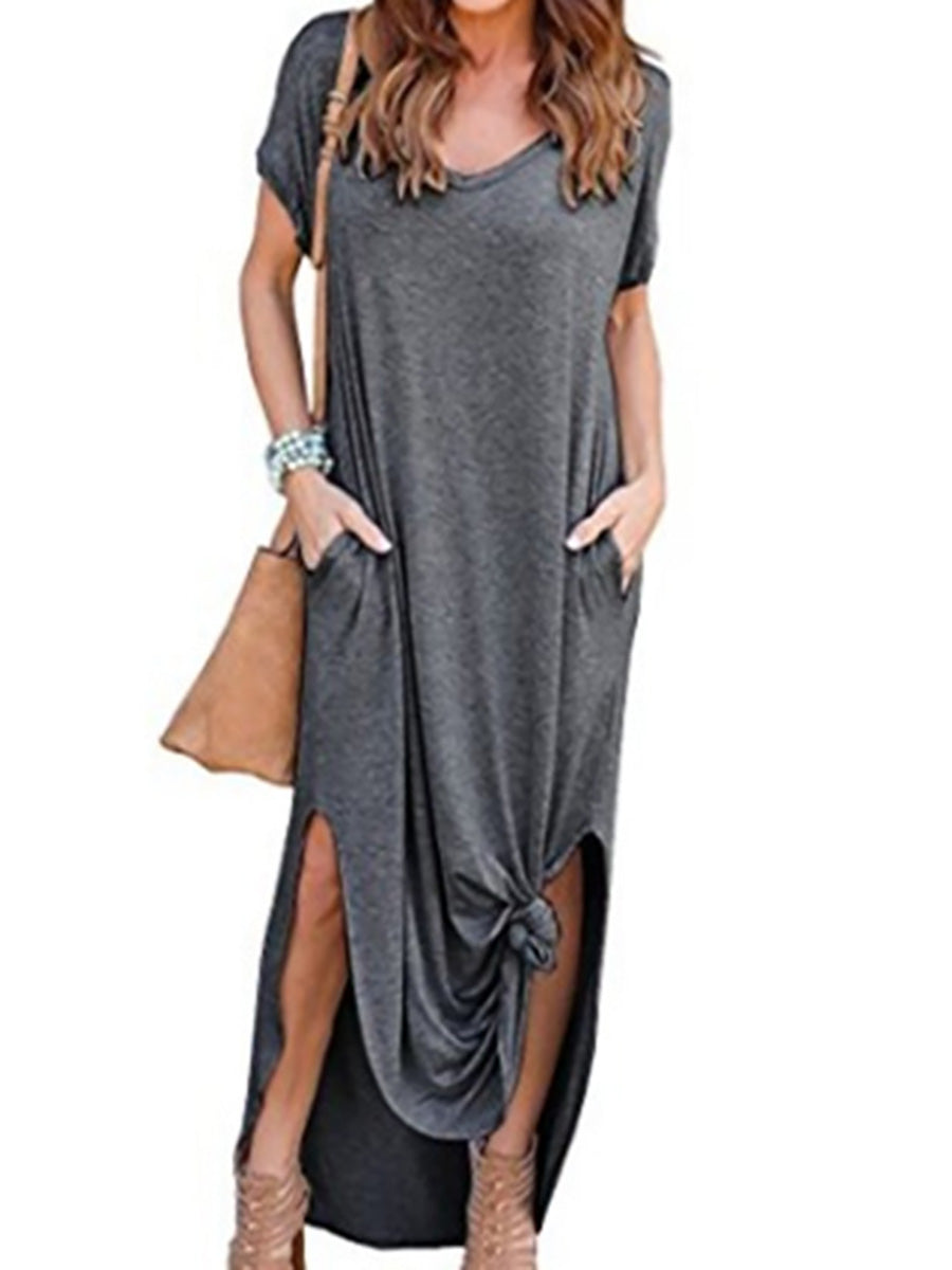 Lunimesd V-Neck Pocket Split Dress(8 colors)