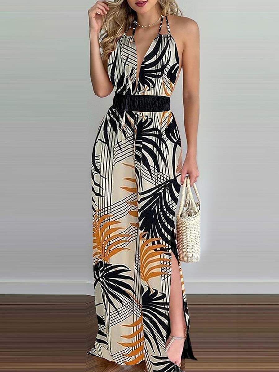 Lunimesd Printed Hanging Neck Sexy Backless Split Jumpsuit