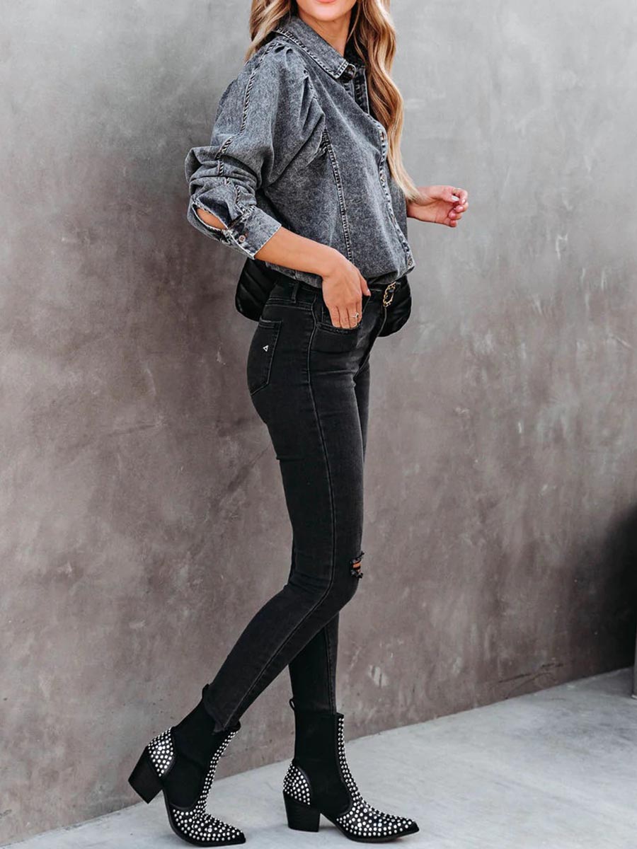 Lunimesd Casual Fashion Loose Long Sleeve Denim Shirt