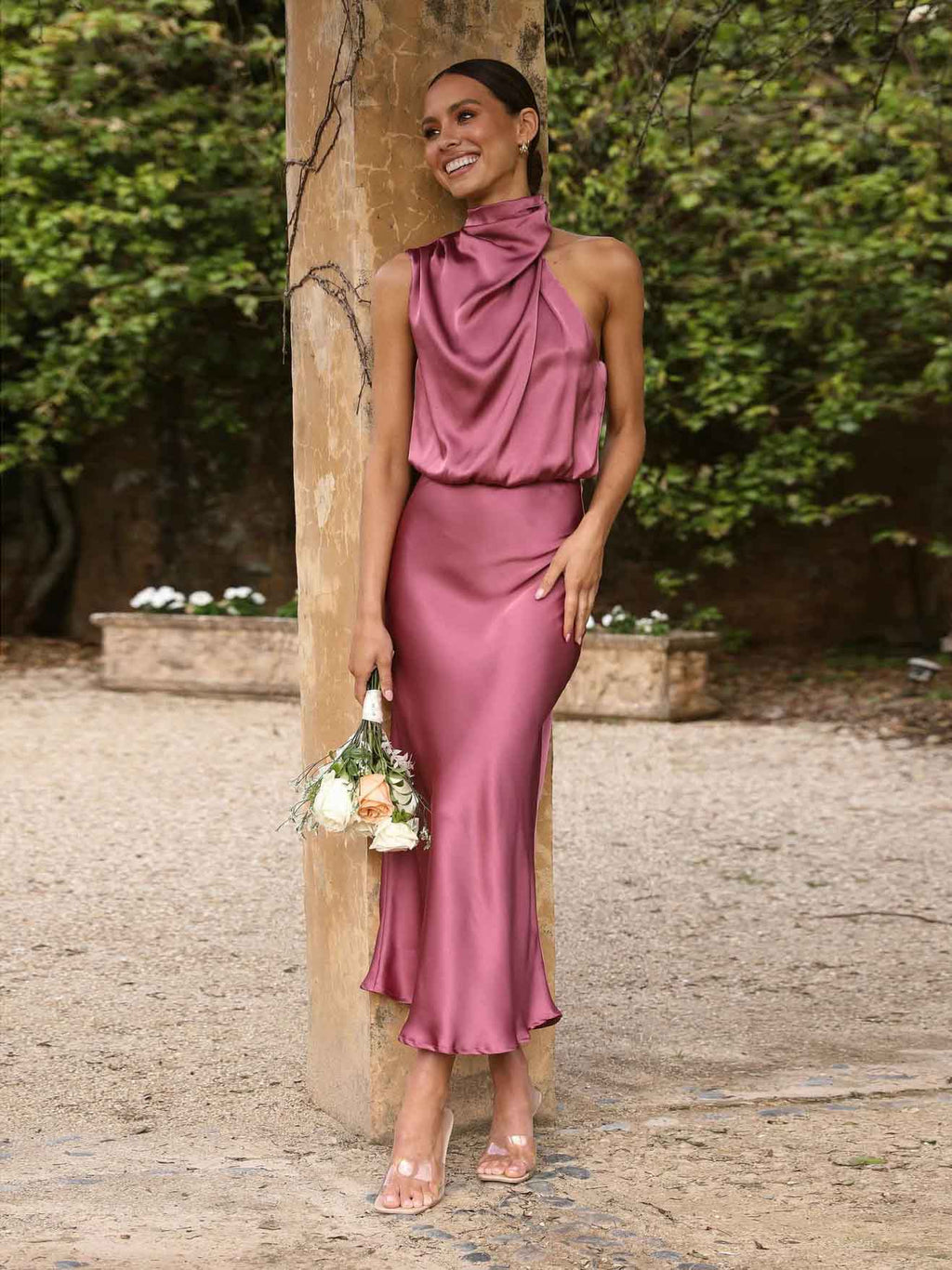 Lunimesd Sleeveless Hanging Neck Solid Color Satin Dress(6 Colors)