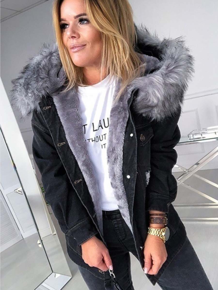 Lunimesd Padded Warm Hole Large Fur Collar Denim Jacket(4 colors)