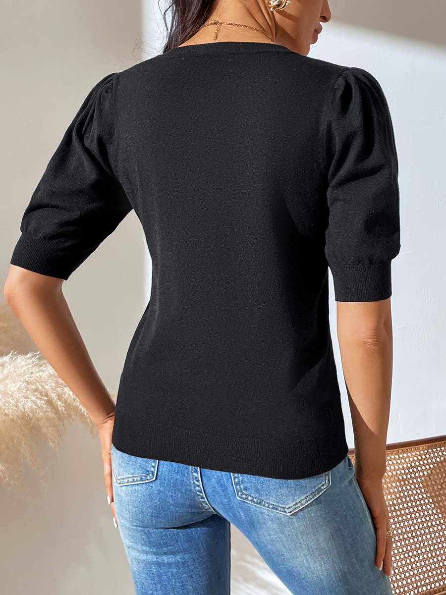 Lunimesd Round Neck Pleated Short Sleeve Solid Color Knit (5 colors)