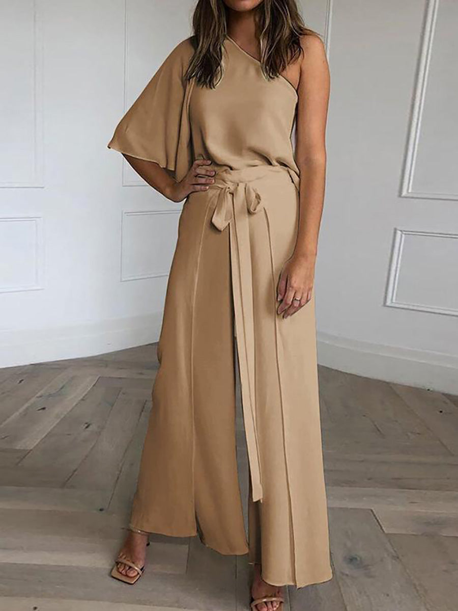Lunimesd One Shoulder Blouse Wide Leg Pants Set (3 colors)