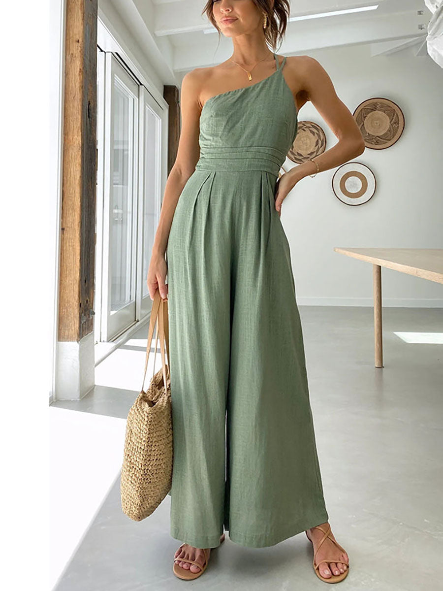 Lunimesd Chic Journey One Shoulder Straps Wide Leg Jumpsuit（8 colors）
