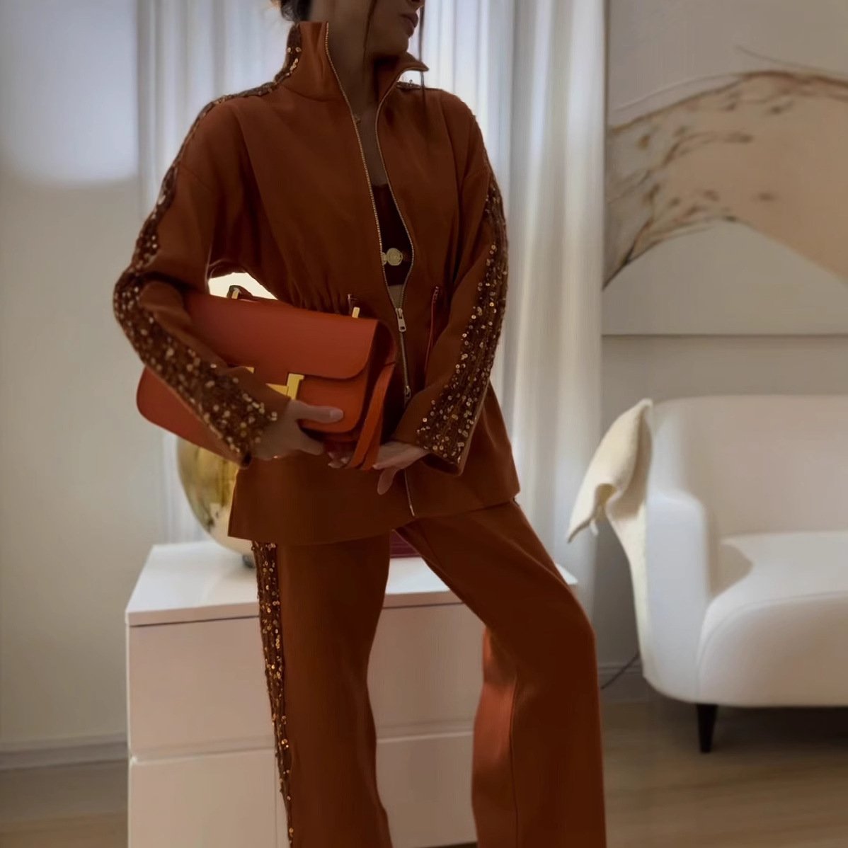 Elegant Sequin-Trimmed Top and Wide-Leg Pants 2-Piece Set