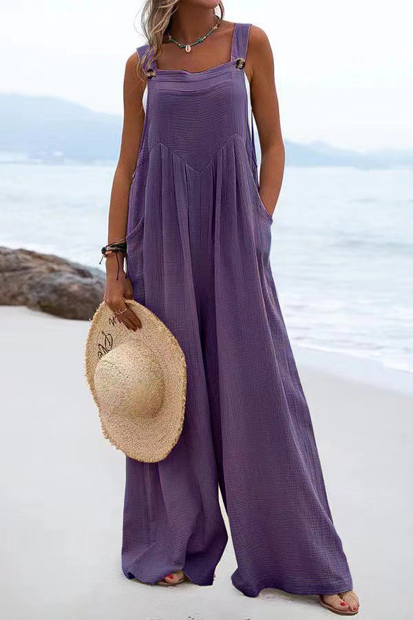 Lunimesd Ethnic Button Suspender Wide Leg Line Jumpsuit