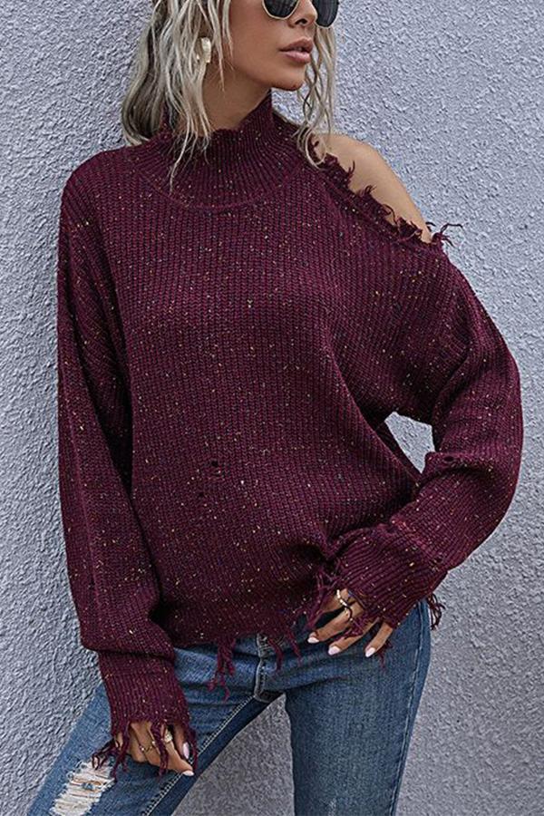 Lunimesd Loose Off-shoulder Ripped Long-sleeved High-neck Knitted Sweater