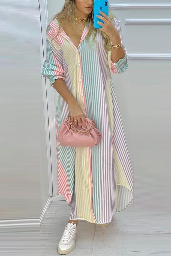 Lunimesd Colorful Stripe Button Down Long Shirt Dress