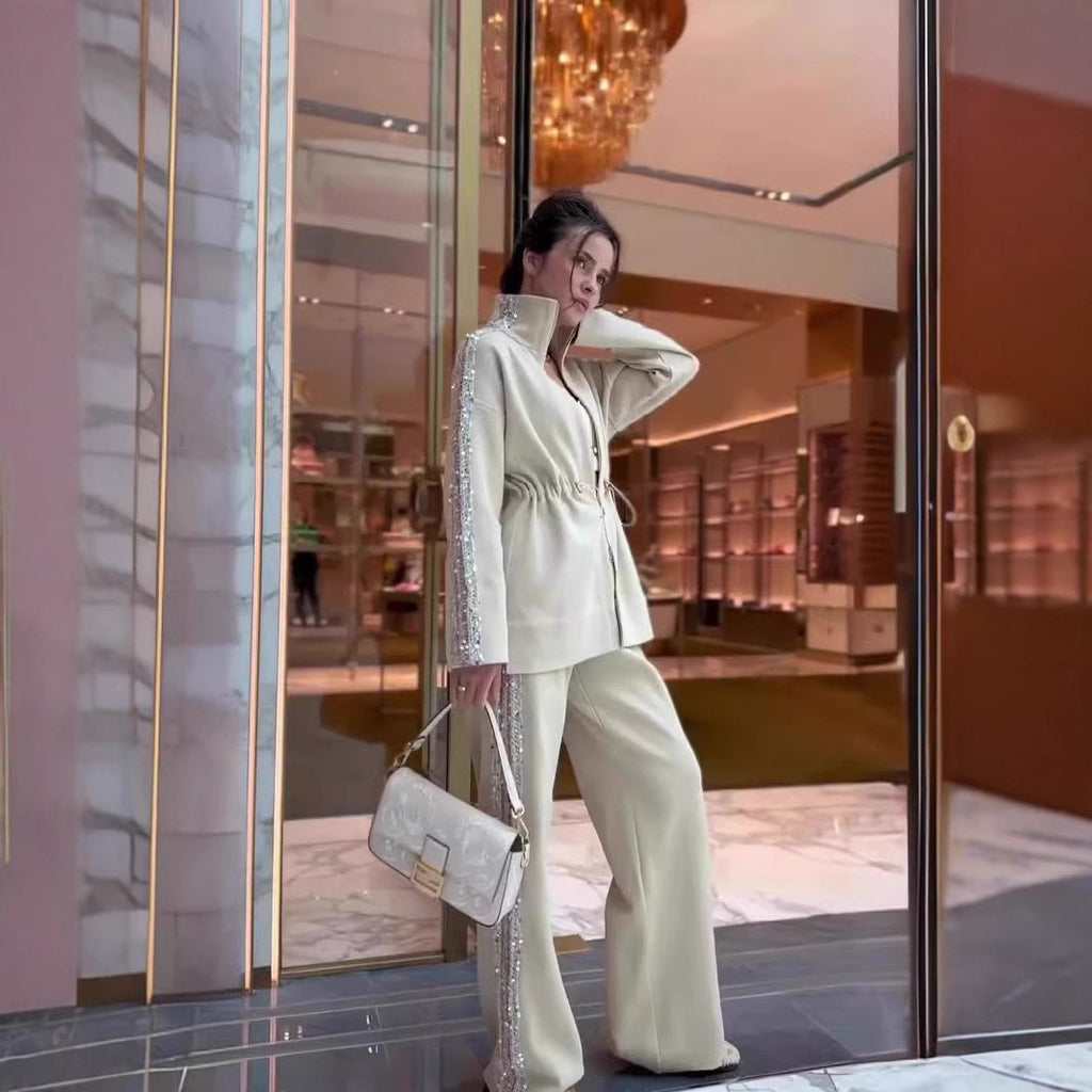 Elegant Sequin-Trimmed Top and Wide-Leg Pants 2-Piece Set