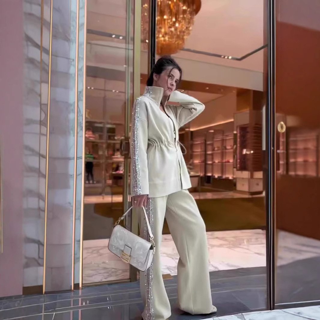 Elegant Sequin-Trimmed Top and Wide-Leg Pants 2-Piece Set