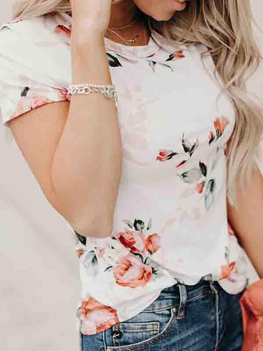 Lunimesd Short Sleeve Flower Print Round Neck Casual Wear T-Shirt
