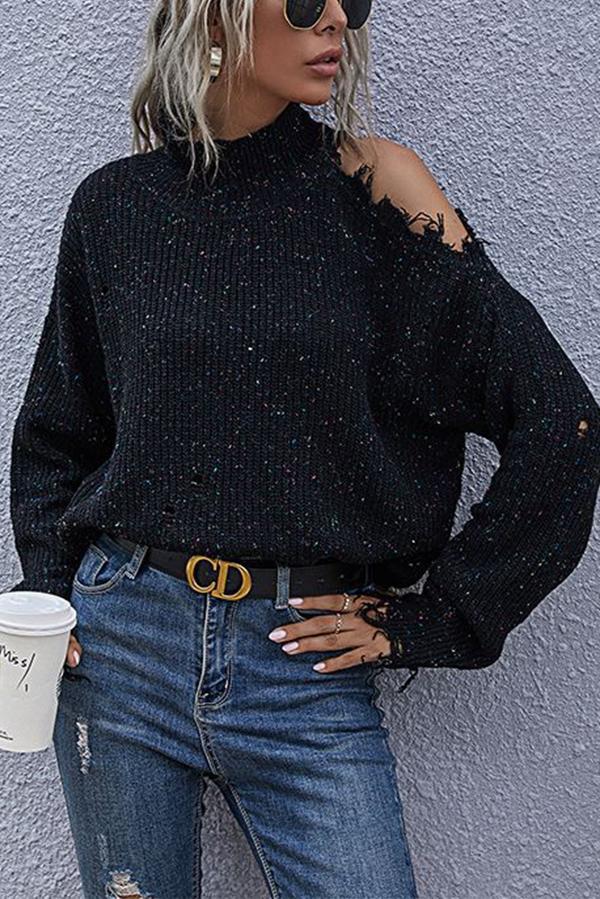 Lunimesd Loose Off-shoulder Ripped Long-sleeved High-neck Knitted Sweater