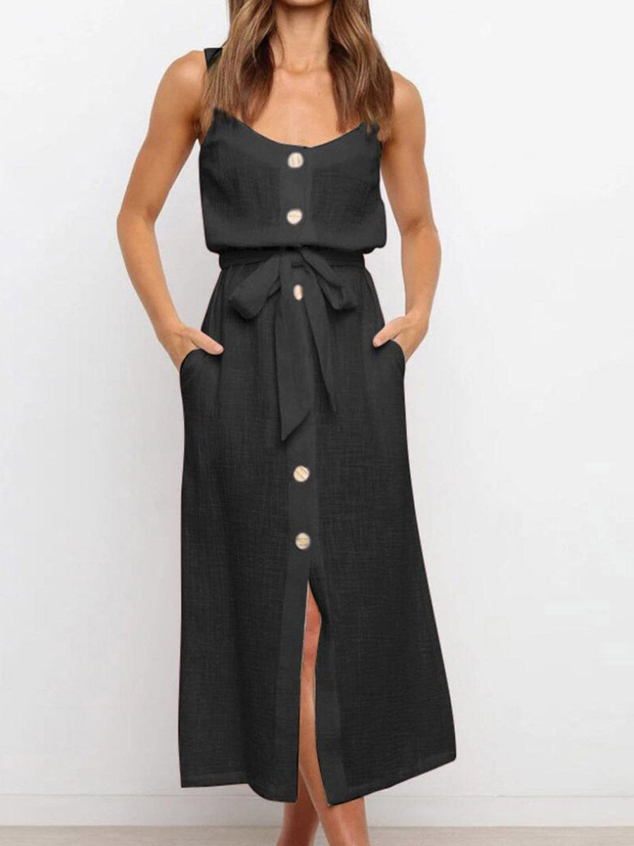 Lunimesd Button Slit Belt Dress