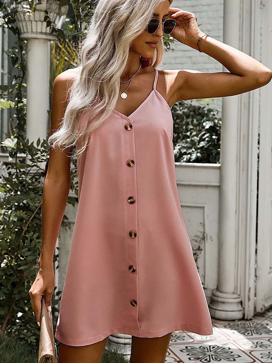 Lunimesd V-Neck Single-Breasted Sleeveless Dress(7 colors)