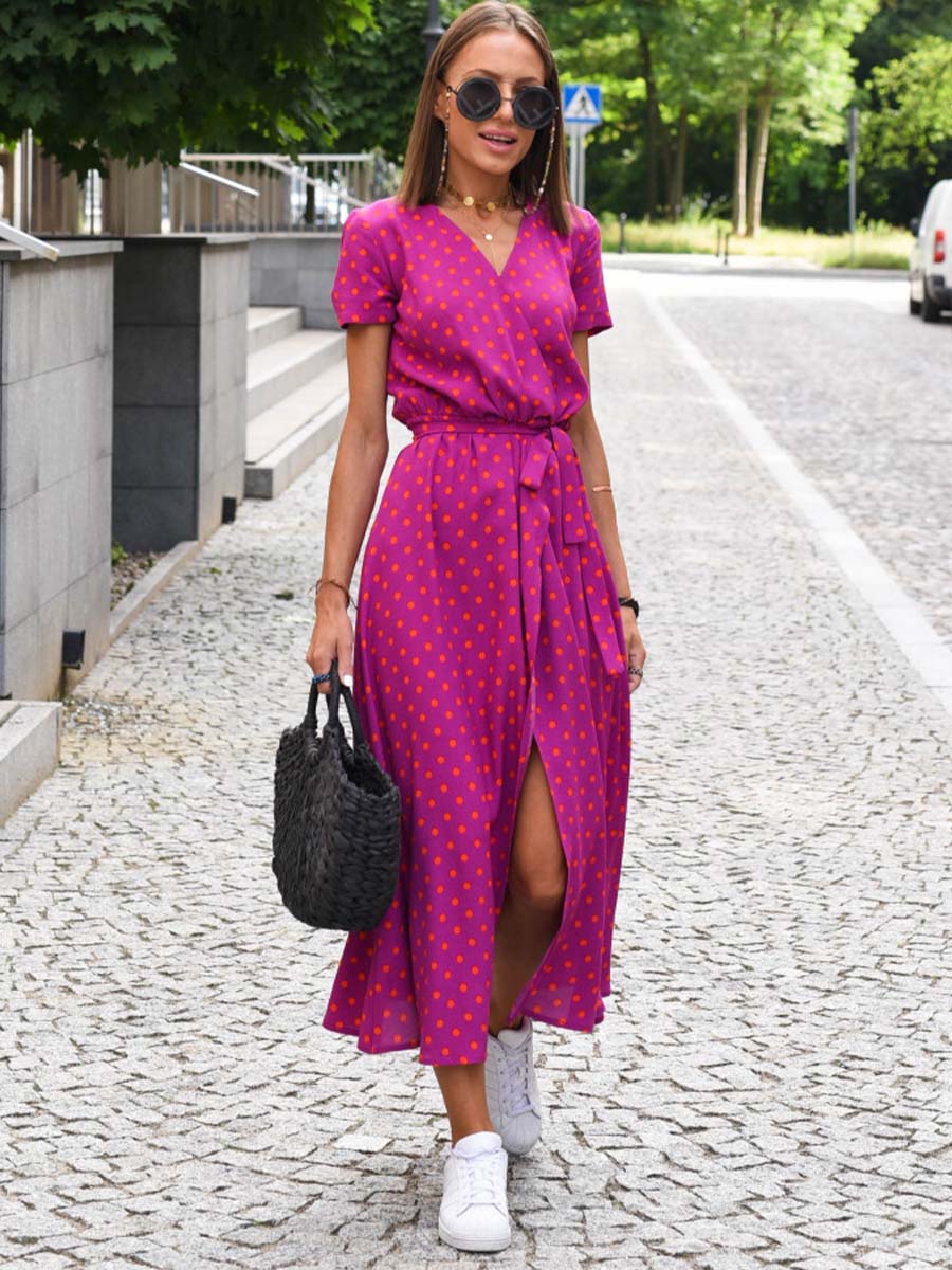 V-Neck Printed Iace Up Dress