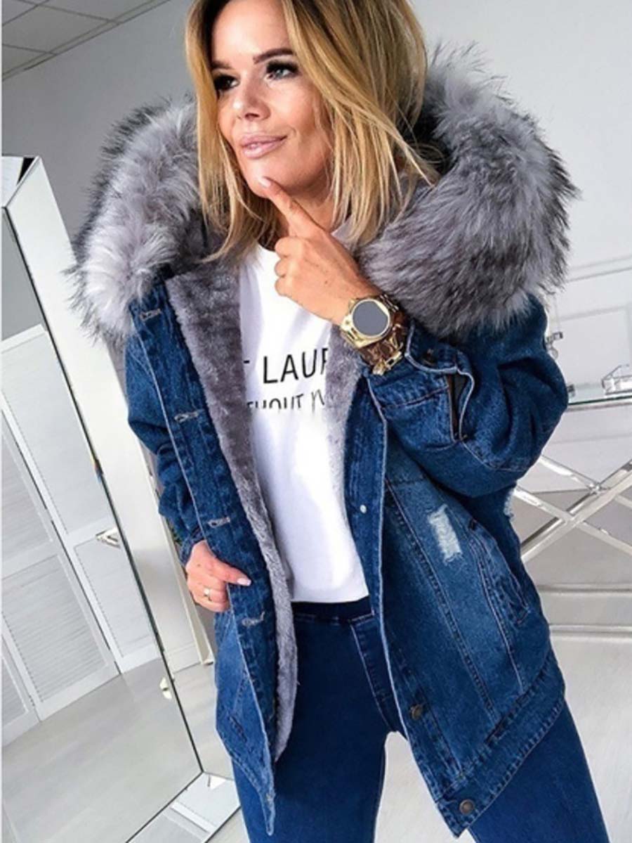 Lunimesd Padded Warm Hole Large Fur Collar Denim Jacket(4 colors)