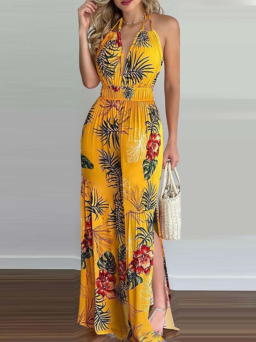 Lunimesd Printed Hanging Neck Sexy Backless Split Jumpsuit