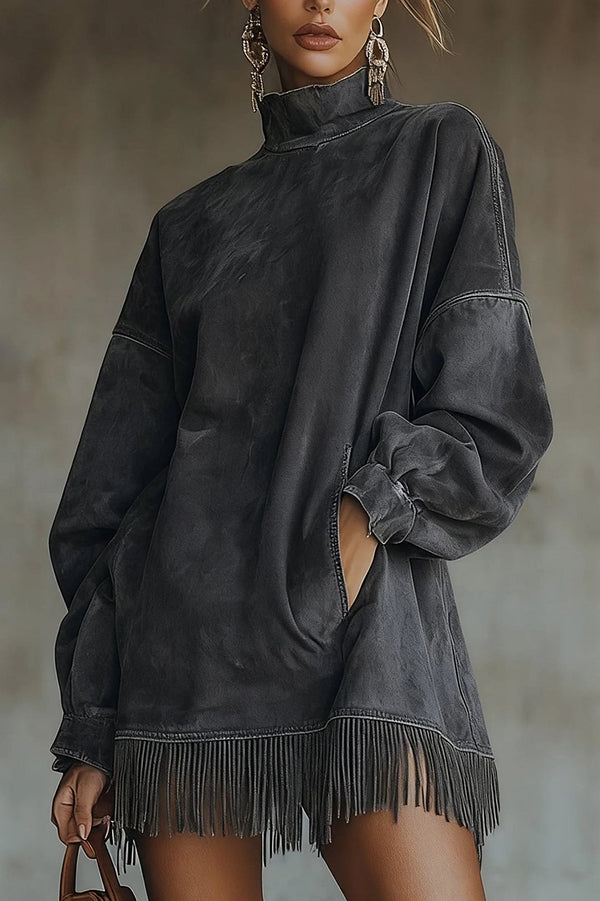 SUEDE HIGH-NECK TASSEL MINI DRESS