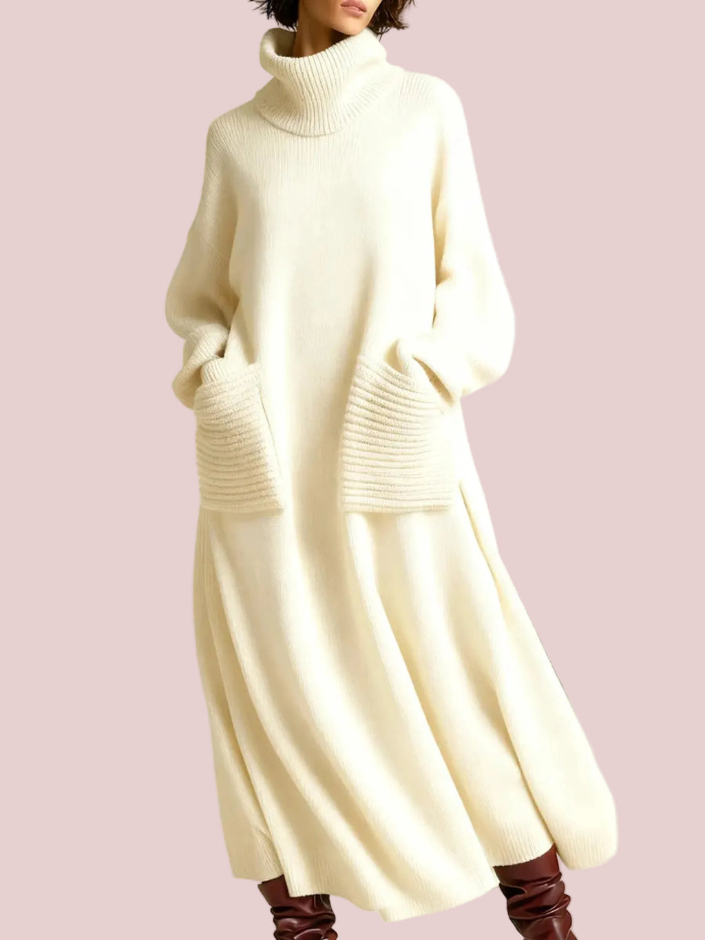 WOMEN'S SOLID COLOR HIGH-NECK LONG-SLEEVE CASUAL LOOSE KNIT DRESS