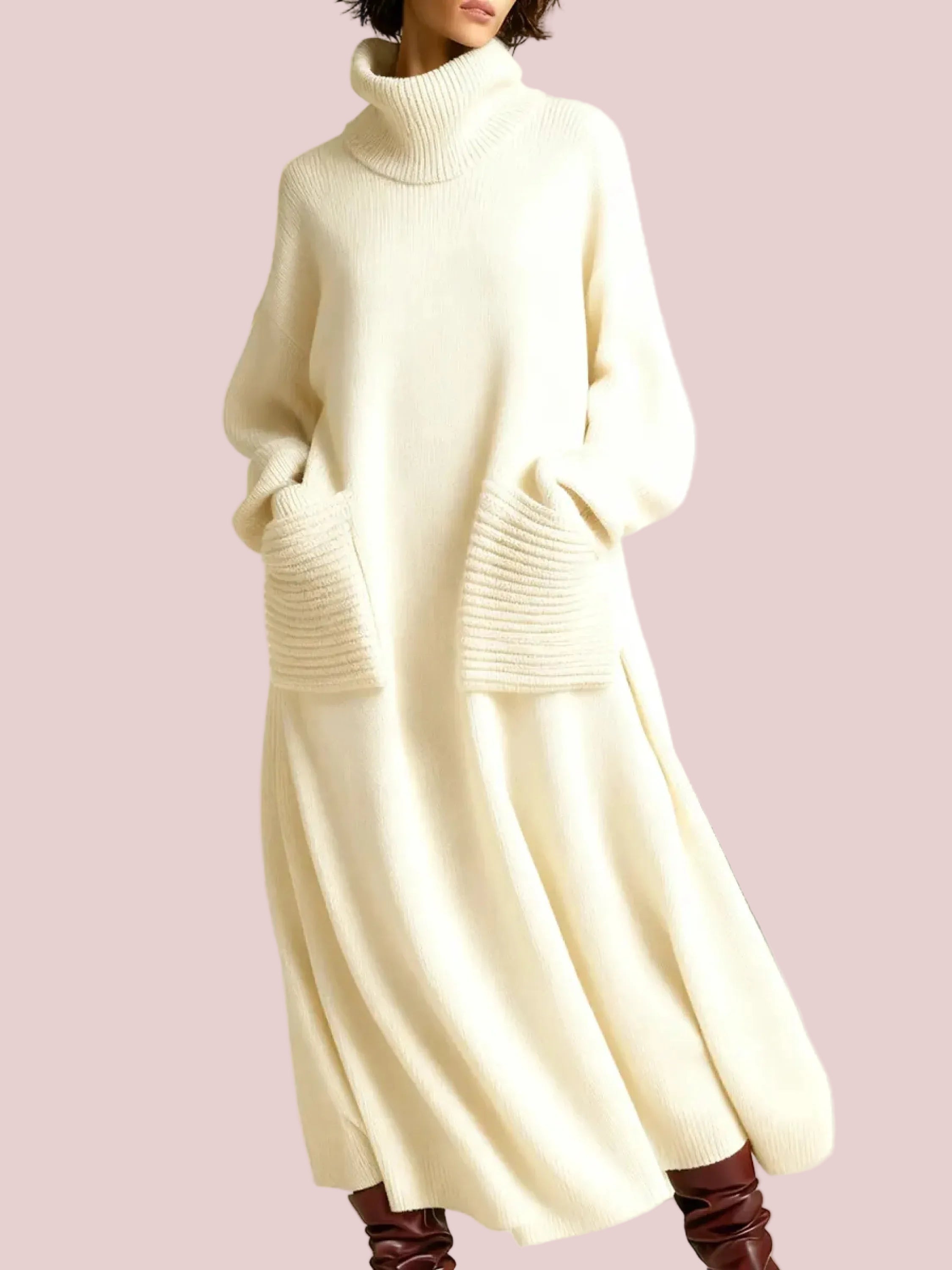 WOMEN'S SOLID COLOR HIGH-NECK LONG-SLEEVE CASUAL LOOSE KNIT DRESS