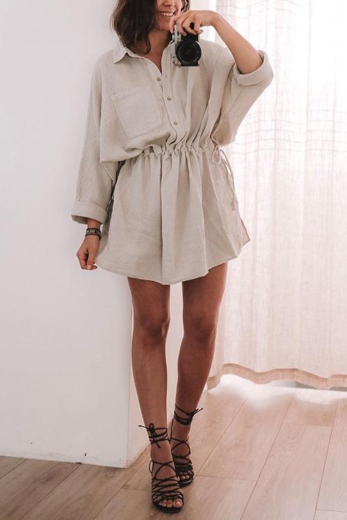Lunimesd Button Pockets Drawstring Waist Dress