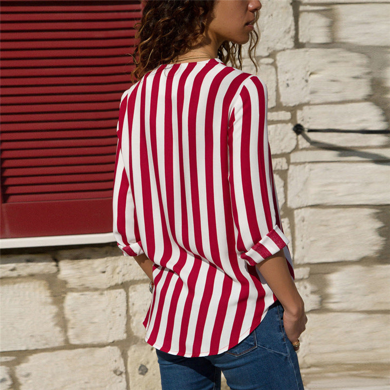 Lunimesd V-Neck Striped Long-Sleeved Shirt