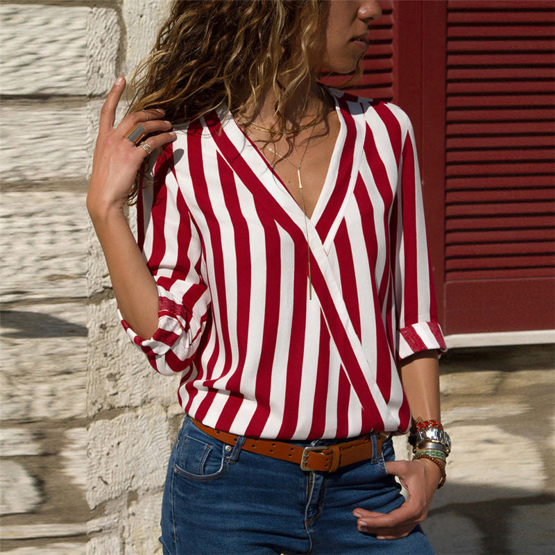 Lunimesd V-Neck Striped Long-Sleeved Shirt