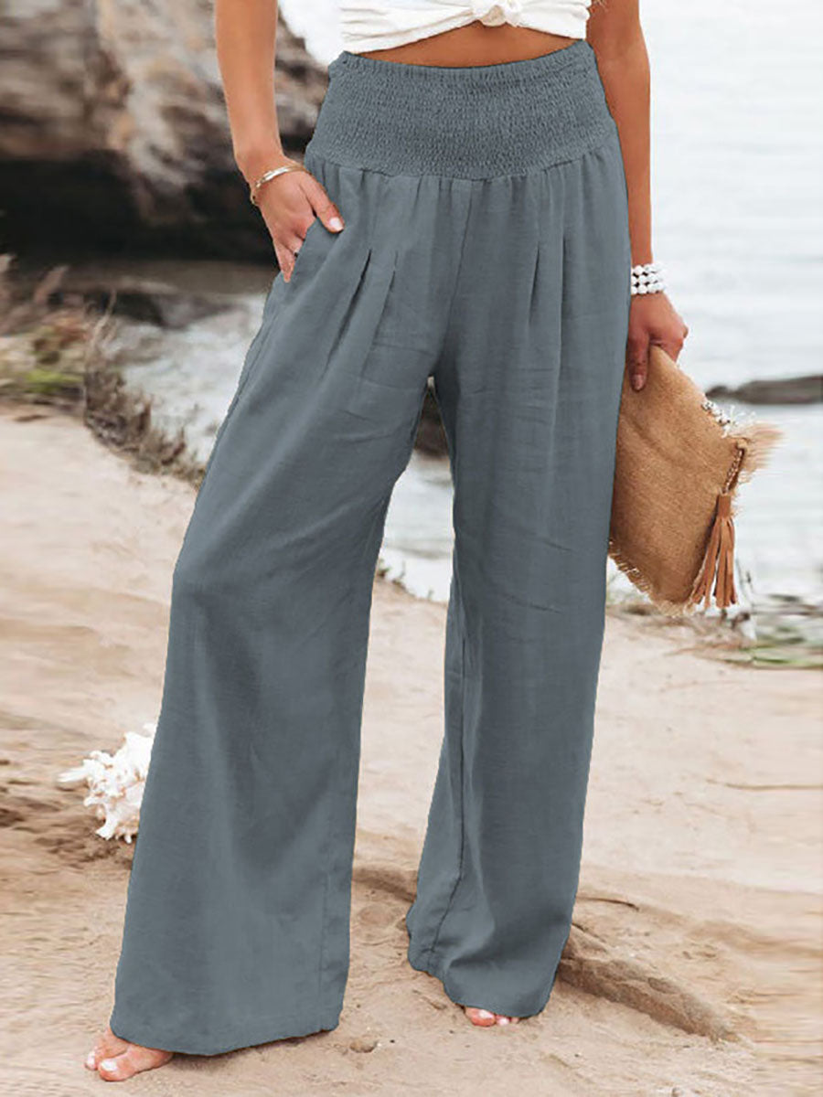 Lunimesd Fresh Air Linen Blend Pocketed Smocked Pants(10 Colors)