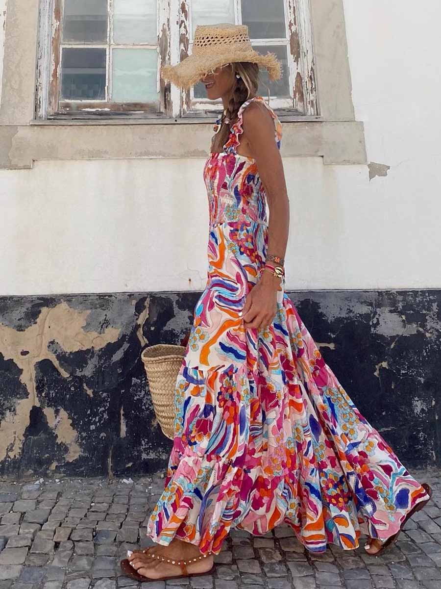 Lunimesd Printed Halter Beach Resort Dress(3 Colors)