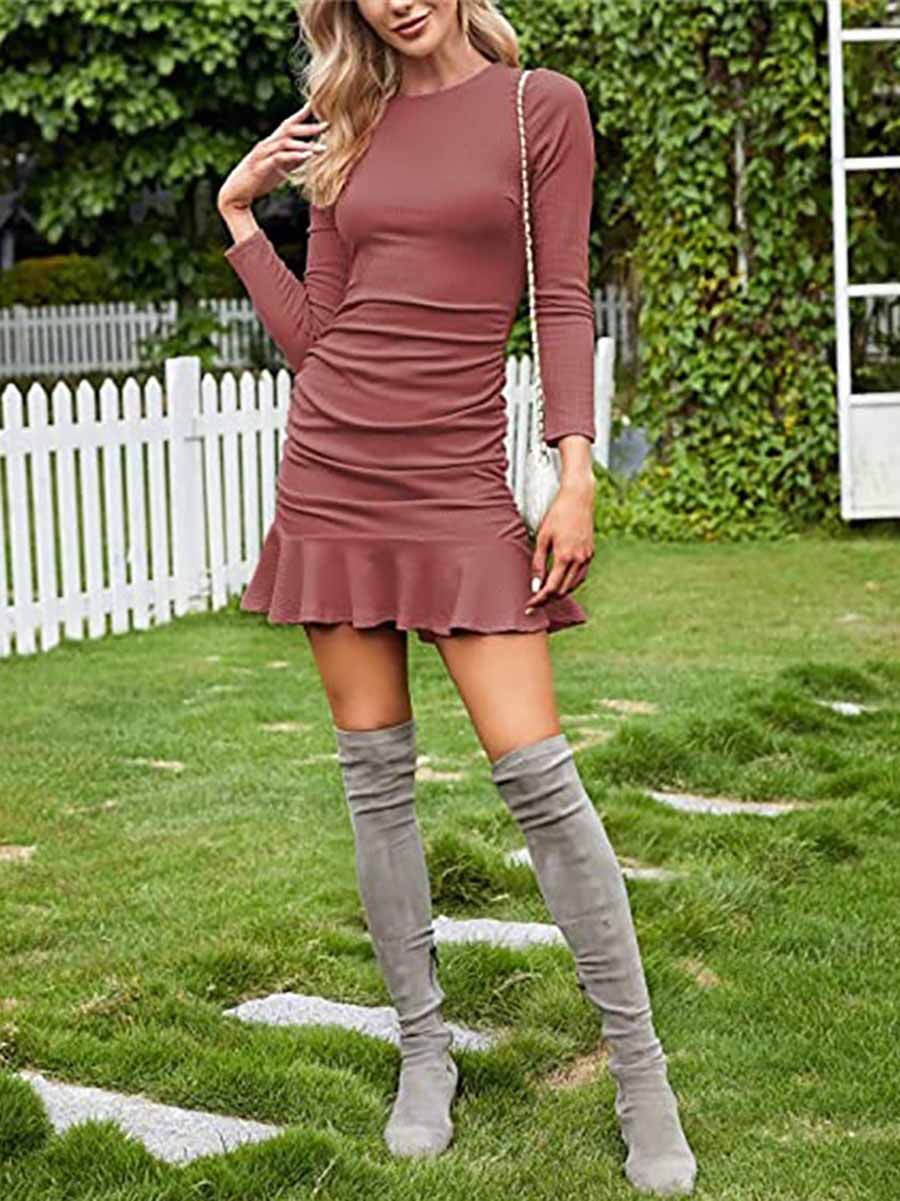 Lunimesd Sexy Pleated Tight Knit Long Sleeve Dress(8 colors)