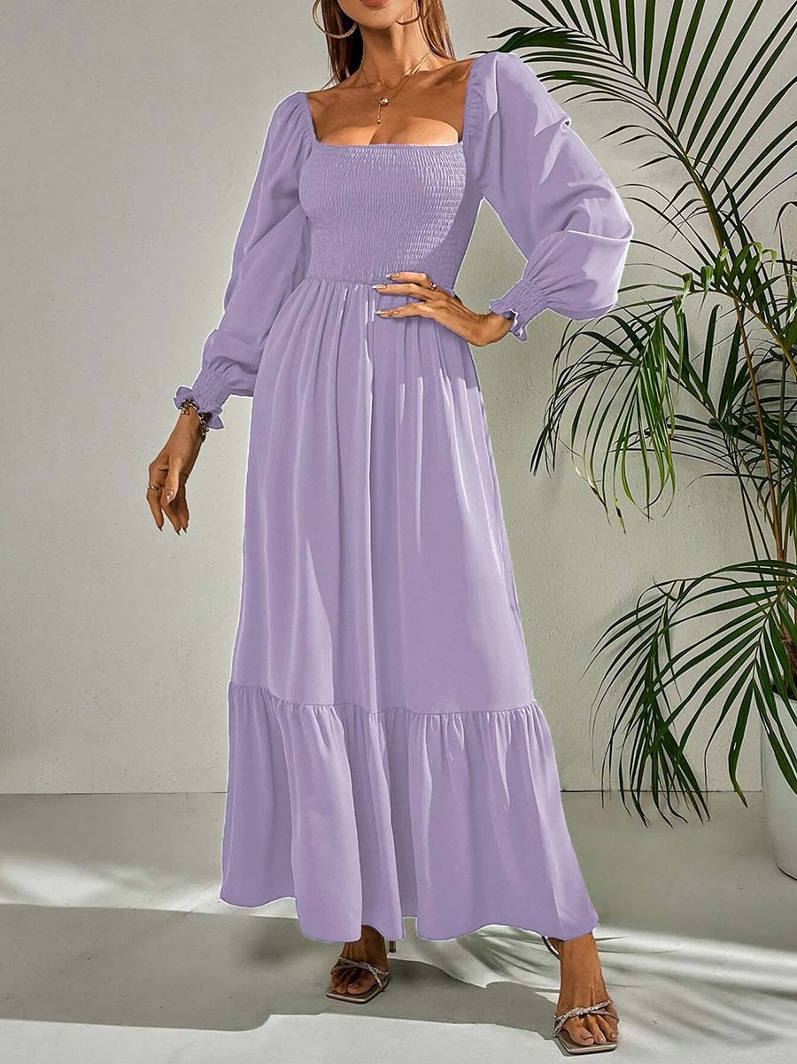 Lunimesd Square Neck Long Sleeve Ruffle High Waist Dress (5 colors)