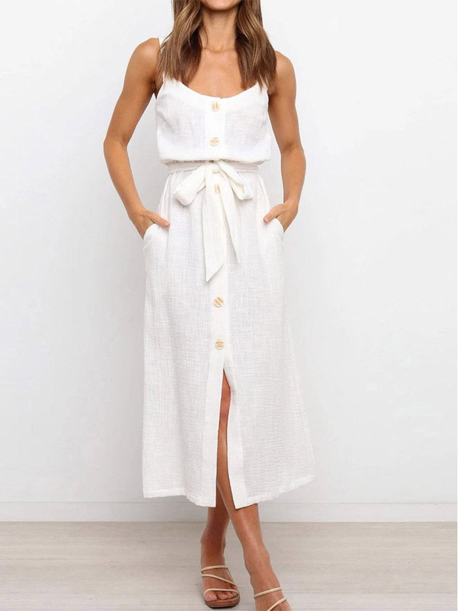 Lunimesd Button Slit Belt Dress