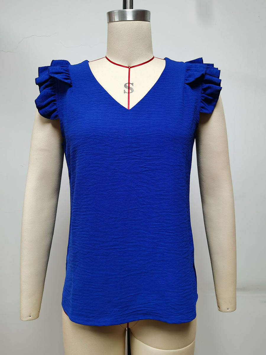 Veleaee Casual V-Neck Ruffle Sleeveless Shirt (5 Colors)