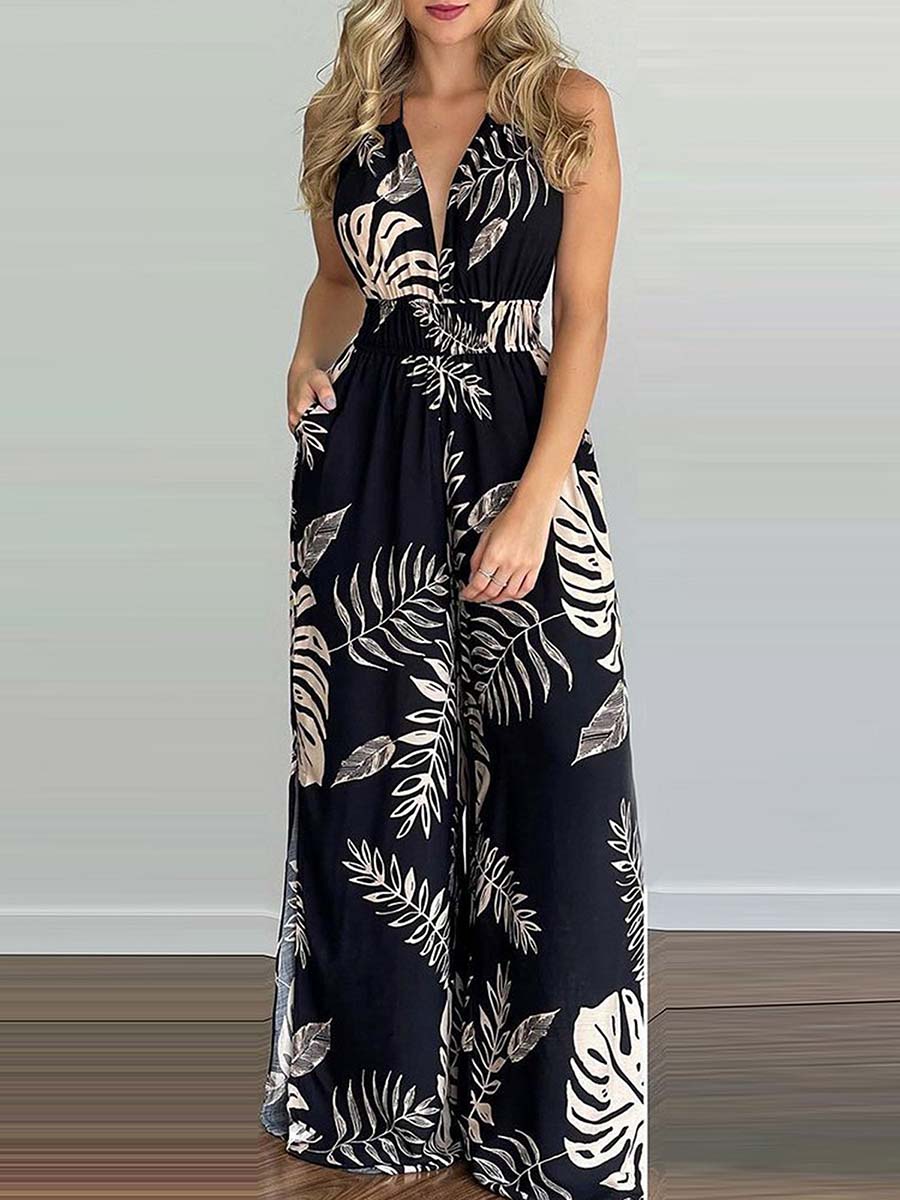 Lunimesd Printed Hanging Neck Sexy Backless Split Jumpsuit