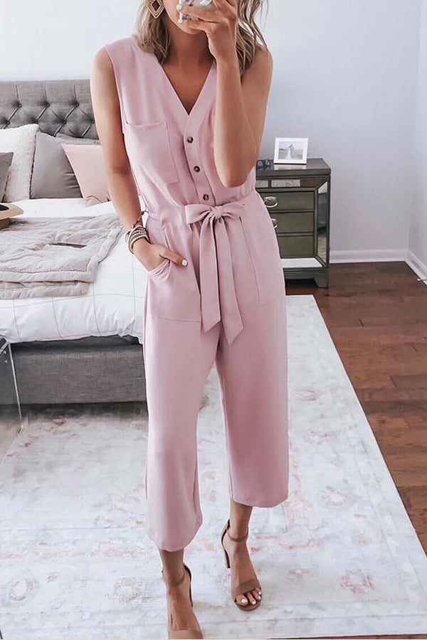 Lunimesd Buttoned Sleeveless Cropped Jumpsuit With Sash